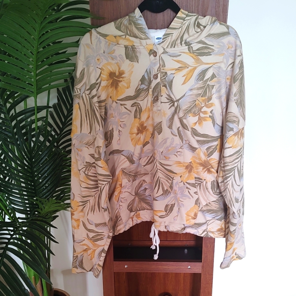 Old navy floral print, kangaroo pocket, hooded tie waist sweatshirt XXL